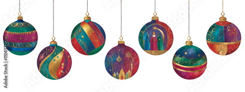 Seven cut paper illustrations of wiseman themed baubles in bold colours