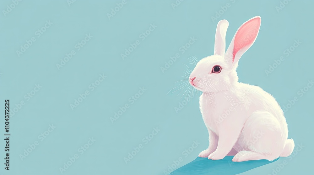 White rabbit isolated on blue background with copy space. Happy easter banner, flyer, card White rabbit isolated on blue background with copy space. Happy easter banner, flyer, card