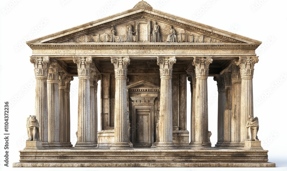 Obraz premium Ancient stone temple, columns, statues, weathered facade.