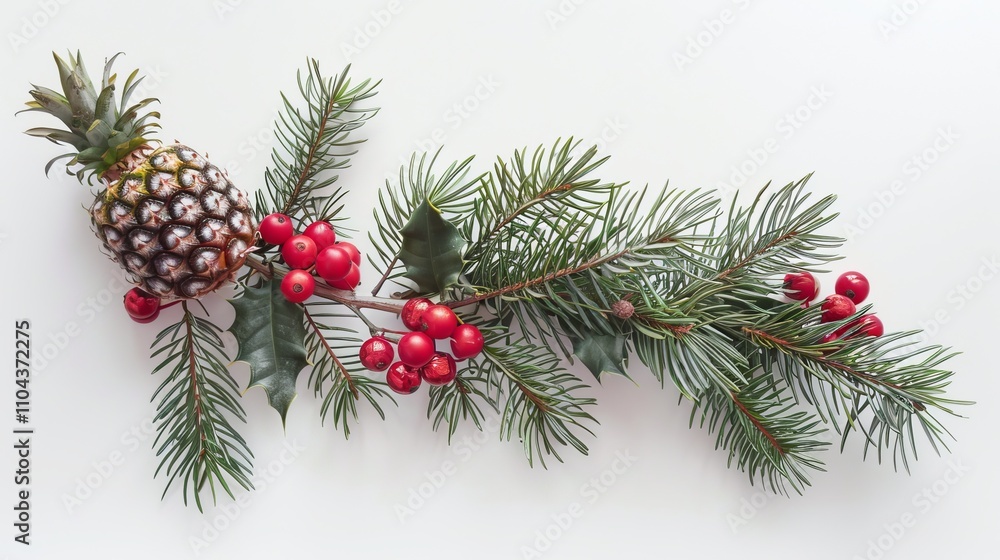 Christmas branch of a pine tree with red berries composition Christmas branch of a pine tree with red berries composition