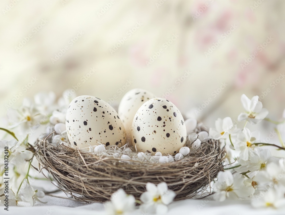 A nest filled with Easter eggs, among delicate white spring cherry blossoms, on a blurred background with copy space A nest filled with Easter eggs, among delicate white spring cherry blossoms, on a blurred background with copy space