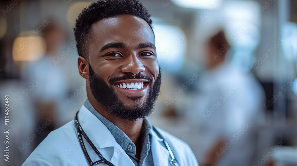 Young african male doctor smiling in medical environment Young african male doctor smiling in medical environment