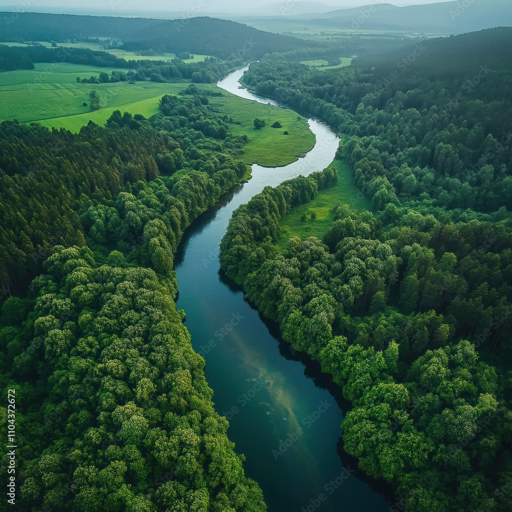 Aerial view of river winding through lush green forest. River is surrounded by vibrant green trees and meadows. Peaceful natural landscape. Eco tourism concept. Nature conservation photo. Aerial view of river winding through lush green forest. River is surrounded by vibrant green trees and meadows. Peaceful natural landscape. Eco tourism concept. Nature conservation photo.