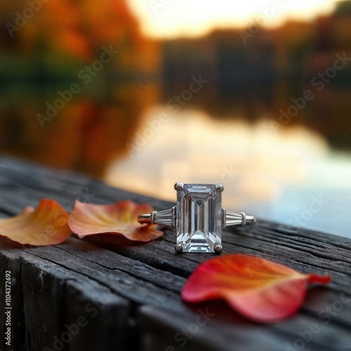  Emerald Cut Diamond Ring Among Autumn Leaves