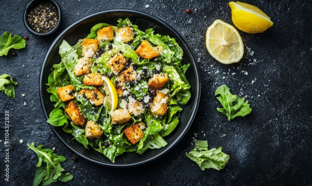 A fresh Caesar salad with crisp romaine lettuce, crunchy croutons, grated Parmesan cheese, and creamy Caesar dressing, garnished with lemon wedges and black pepper A fresh Caesar salad with crisp romaine lettuce, crunchy croutons, grated Parmesan cheese, and creamy Caesar dressing, garnished with lemon wedges and black pepper