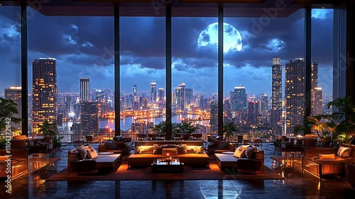 Night view from luxury penthouse with city lights