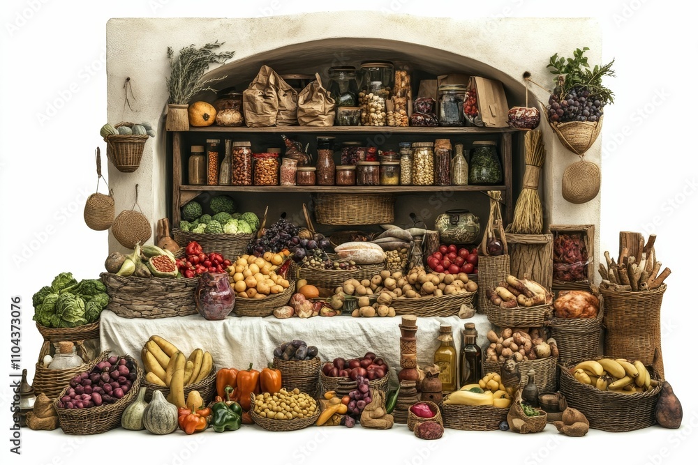 Abundant produce, pantry staples, rustic market display. Abundant produce, pantry staples, rustic market display.