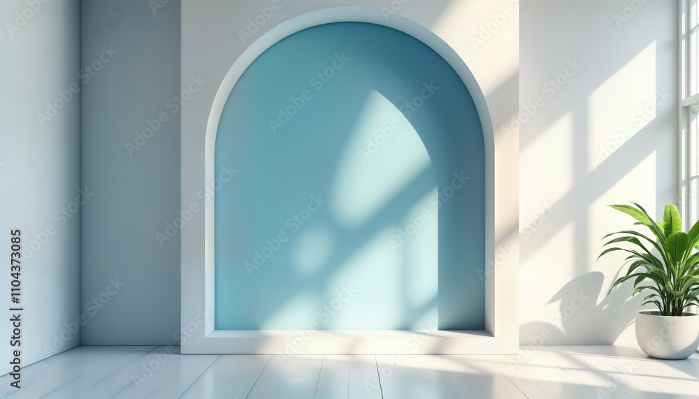 Empty room with light blue archway. Sunlight casts shadows on light pastel blue wall. Modern design. Simple presentation. Interior design concept. Product display area. Home decor. White floor. Empty room with light blue archway. Sunlight casts shadows on light pastel blue wall. Modern design. Simple presentation. Interior design concept. Product display area. Home decor. White floor.
