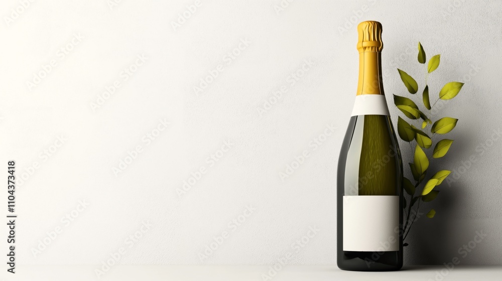 A champagne bottle with a blank label next to green leaves on a plain light background, creating a minimalist and elegant presentation. A champagne bottle with a blank label next to green leaves on a plain light background, creating a minimalist and elegant presentation.