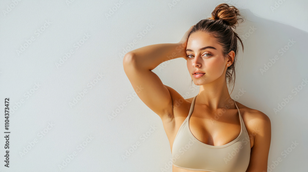 Young caucasian female in athletic attire posing against a light background Young caucasian female in athletic attire posing against a light background