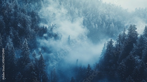 Misty winter mountain forest landscape with snow.