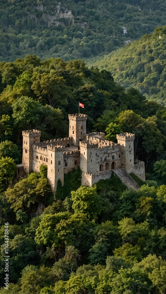 Castle perched on a hill surrounded by lush greenery and ancient trees. Castle perched on a hill surrounded by lush greenery and ancient trees.
