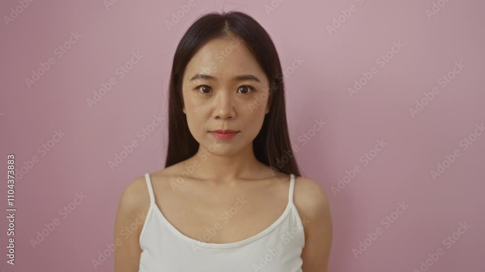 Young woman posing against pink background in a relaxed and peaceful manner with eyes closed, exuding confidence and beauty dressed in a simple white top, showcasing natural appearance. Young woman posing against pink background in a relaxed and peaceful manner with eyes closed, exuding confidence and beauty dressed in a simple white top, showcasing natural appearance.