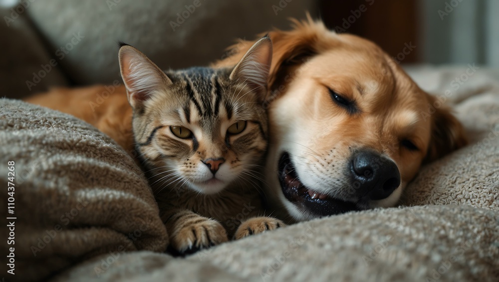Cat and dog cuddling, sleeping together. Cat and dog cuddling, sleeping together.