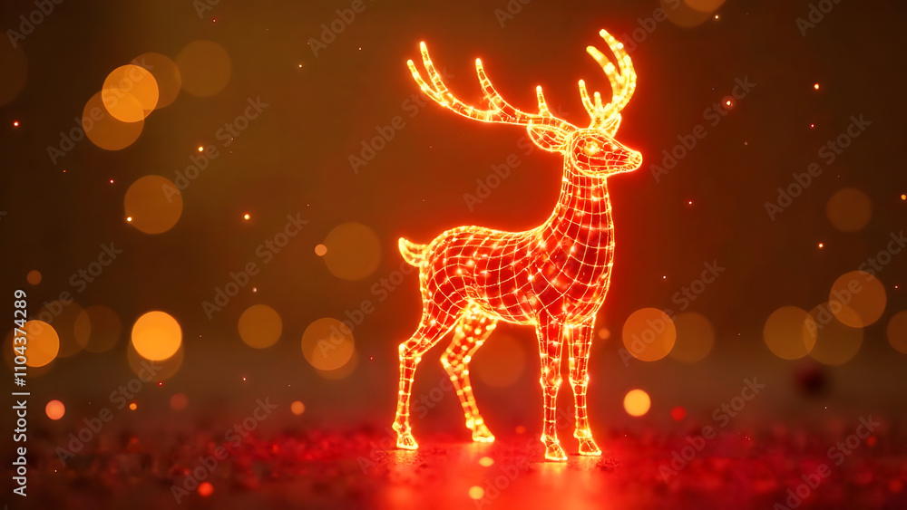 Mockup with place for text abstract sparkling deer figure made of warm yellow lights on red background. Mockup with place for text abstract sparkling deer figure made of warm yellow lights on red background.
