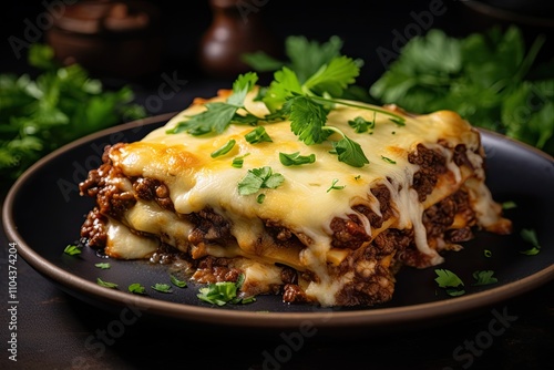 Close up view of succulent ground beef lasagne with melted cheese and fresh parsley served on a plate for menu photo