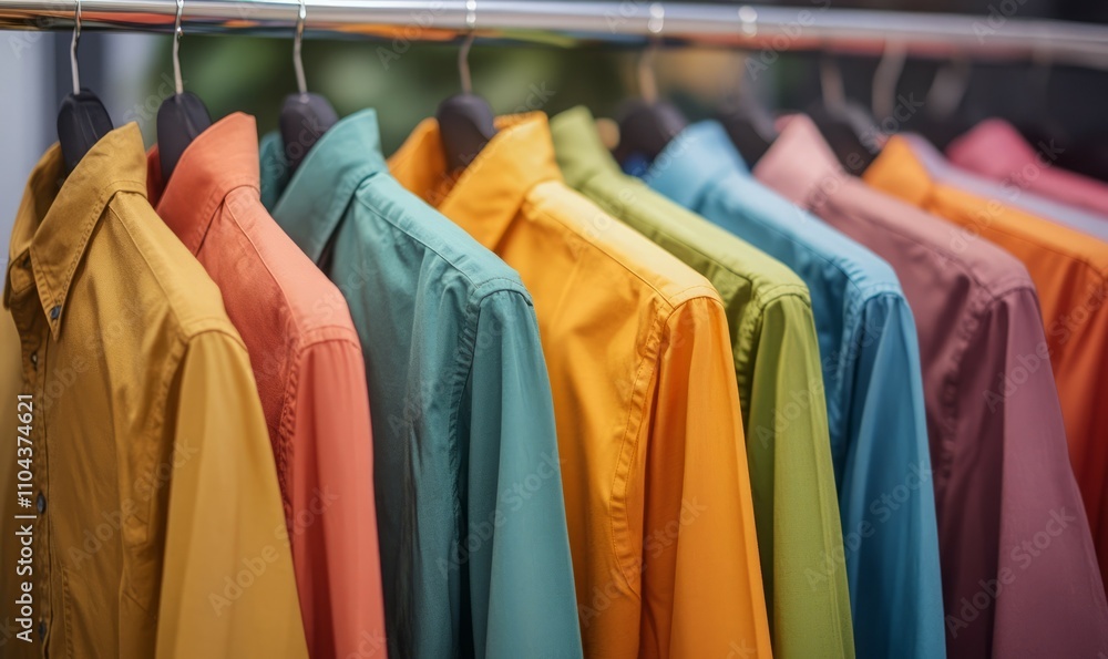 Fototapeta premium A row of colorful shirts are hanging on a line