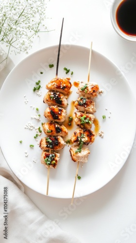 グルメ料理用の白い皿に盛られた焼き鳥の串焼きの航空写真 photo