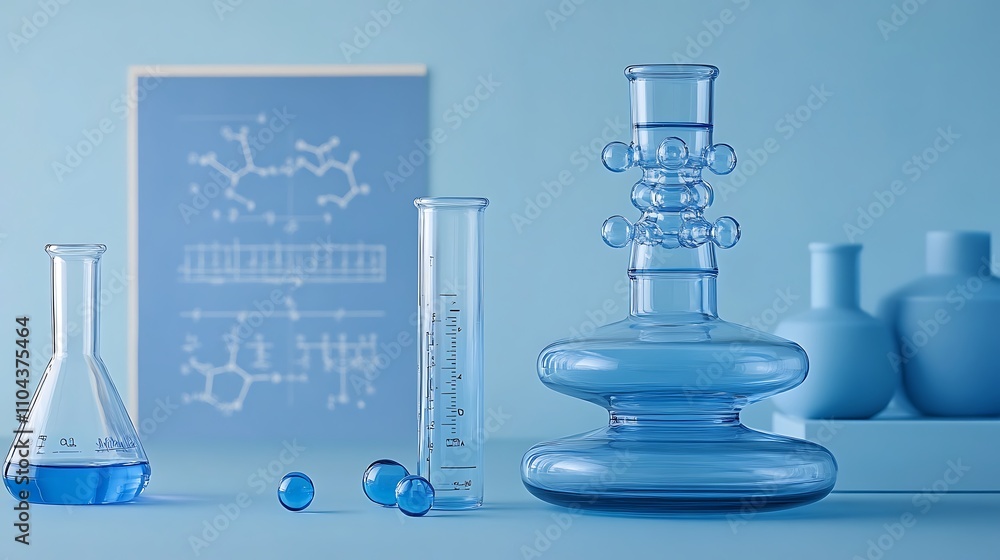 Naklejka premium Blue background with the elements of a vintage chemical elements glasses