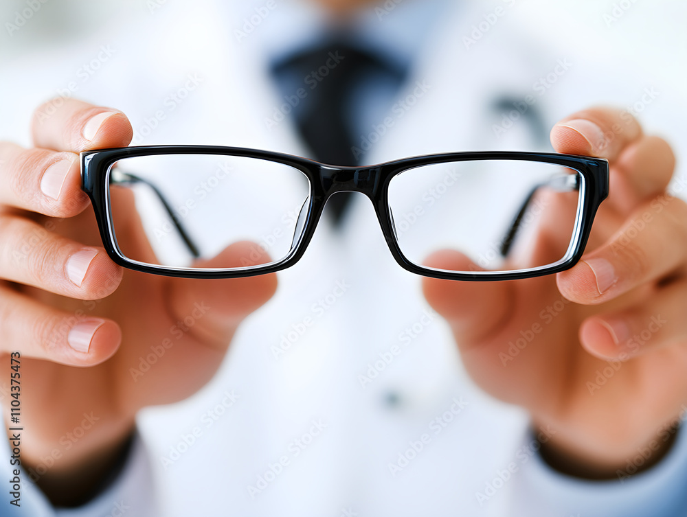 Doctors hands holds glasses. Stylish eyewear with reflection in lenses of glasses. symbolizing vision correction and modern style. Optical store or vision correction concept. Doctors hands holds glasses. Stylish eyewear with reflection in lenses of glasses. symbolizing vision correction and modern style. Optical store or vision correction concept.