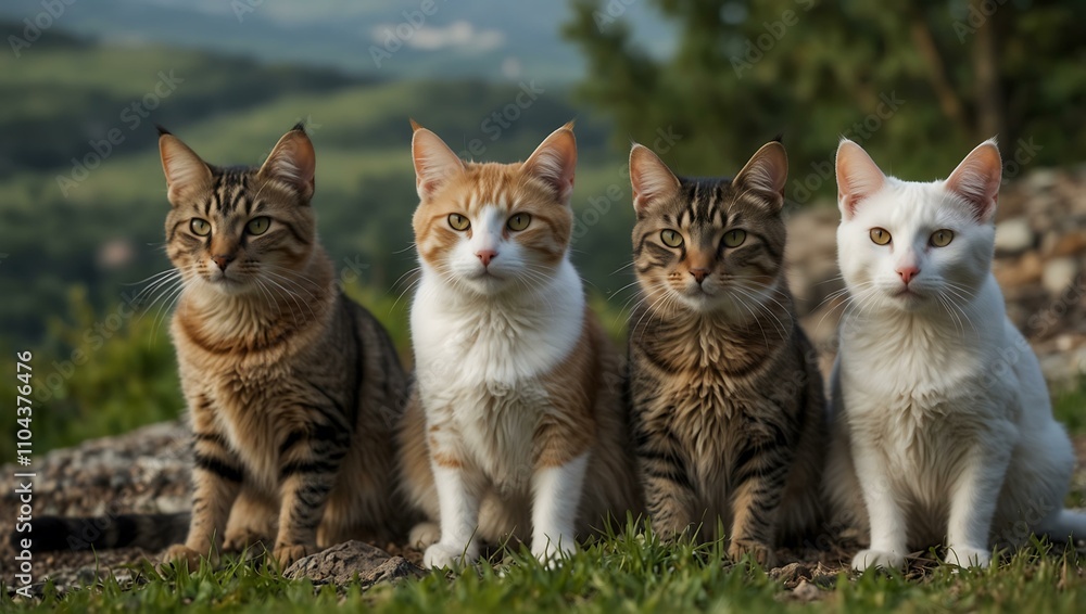 Cats sitting in a row on a hillside. Cats sitting in a row on a hillside.