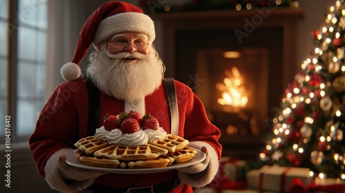 Santa claus serving christmas waffles by the cozy fireplace in a festive home atmosphere photo