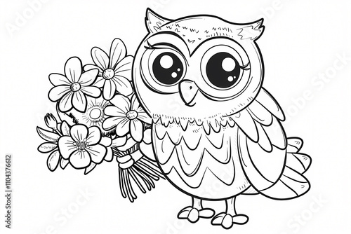 A cute cartoon owl holding a bouquet of flowers, featuring large expressive eyes and a playful design. Perfect for children’s coloring activities. photo