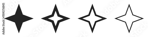 4 pointed four black isolated outlined geometric abstract shapes illustration. Vector icons in flat style