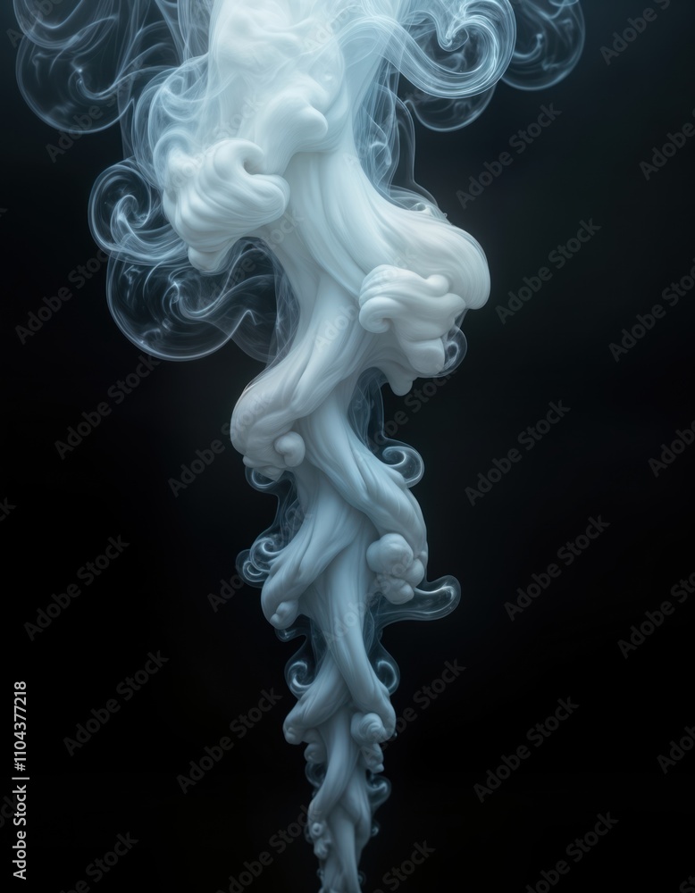 Abstract close-up view of white vapor rising on black background. Intricate swirling patterns of smoke condensation creating ethereal forms. Motion, energy evident in upward movement of vapor. Ideal Abstract close-up view of white vapor rising on black background. Intricate swirling patterns of smoke condensation creating ethereal forms. Motion, energy evident in upward movement of vapor. Ideal