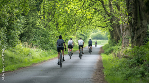 Cyclists riding through a picturesque countryside road, promoting eco-friendly commuting