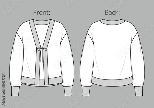 Vector long sleeved tricot jacket fashion CAD, woman cardigan with bow and rib cuffs technical drawing, template, sketch, flat. Knitted jacket with tie fastening, front, back view, white color