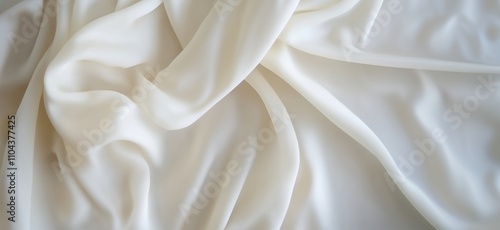 Soft white fabric draping elegantly, showcasing smooth texture and gentle folds. Ideal for backgrounds, fashion, and textile design., copy space for text