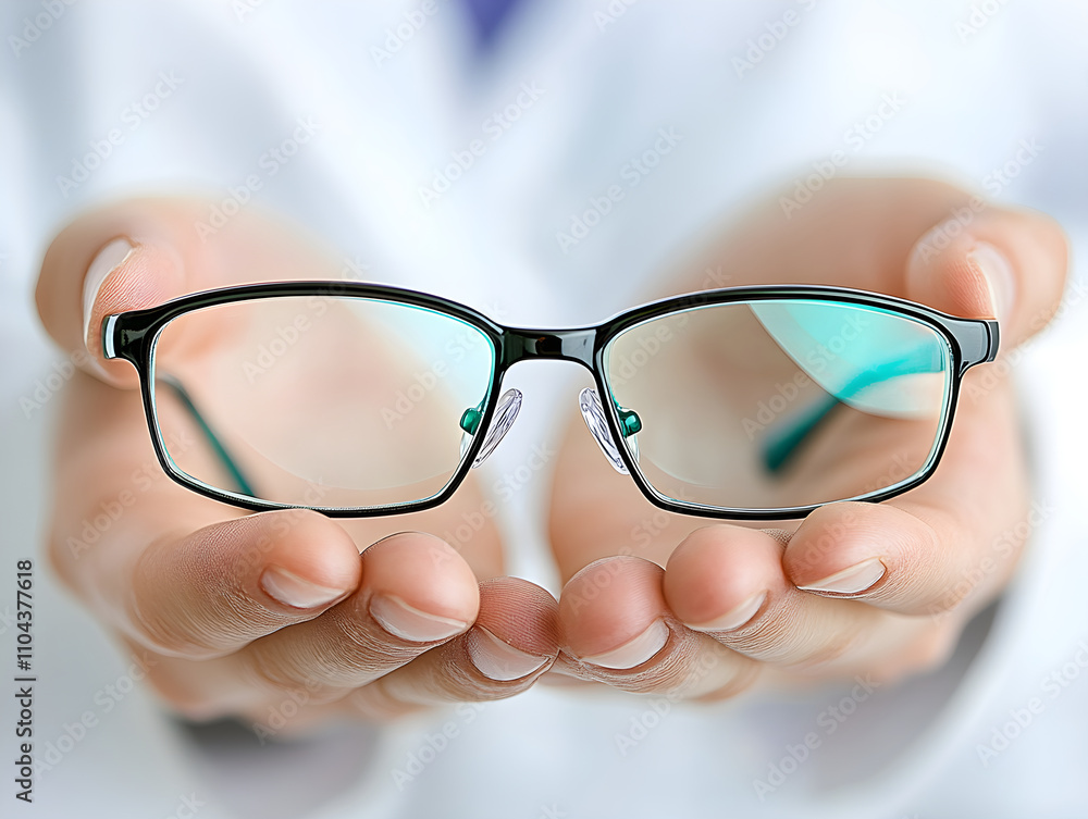 Doctors hands holds glasses. Stylish eyewear with reflection in lenses of glasses. symbolizing vision correction and modern style. Optical store or vision correction concept. Doctors hands holds glasses. Stylish eyewear with reflection in lenses of glasses. symbolizing vision correction and modern style. Optical store or vision correction concept.