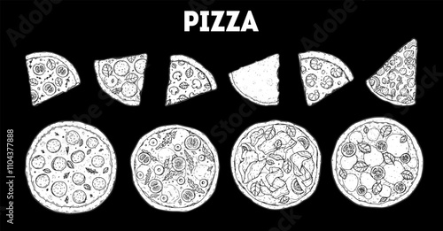 Hand drawn set of pizza. Italian pizza sketch collection. Design elements. Vector illustration. Italian food. Menu, package design