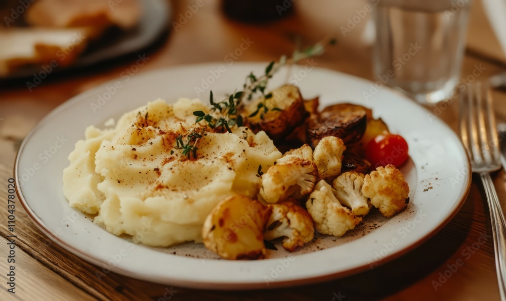 A plate of food with mashed potatoes and cauliflower A plate of food with mashed potatoes and cauliflower