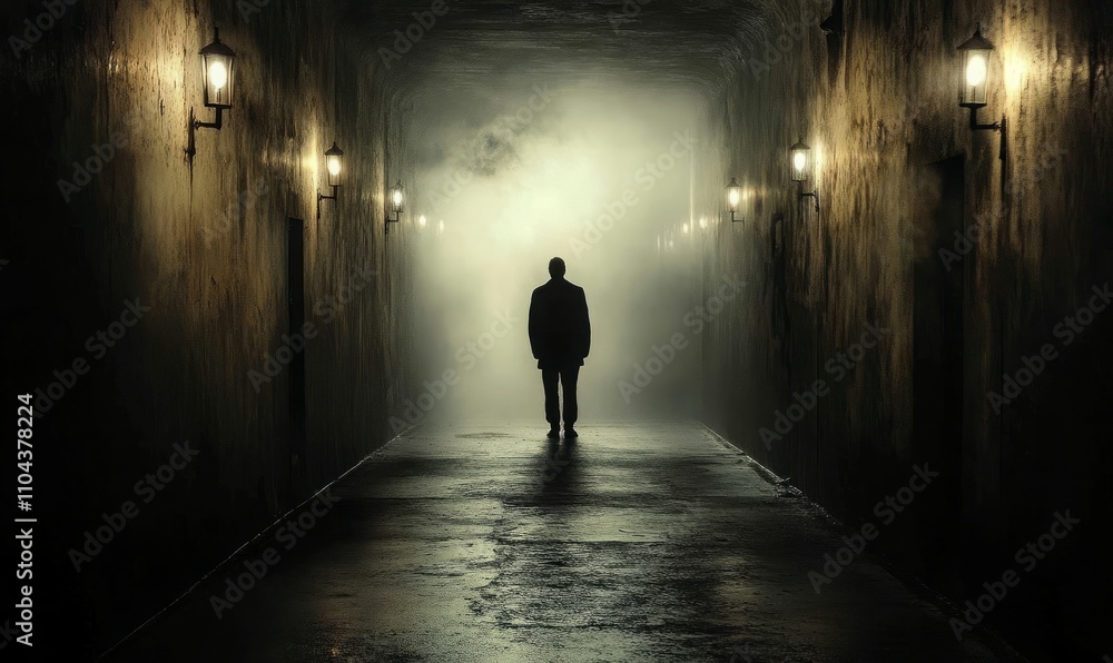 A lone figure stands in a dark, damp hallway illuminated by dim, flickering lights, creating an atmosphere of suspense and mystery A lone figure stands in a dark, damp hallway illuminated by dim, flickering lights, creating an atmosphere of suspense and mystery