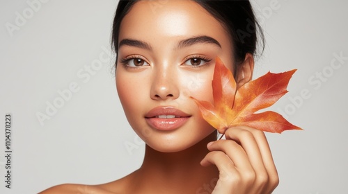 Fototapeta Naklejka Na Ścianę i Meble -  Woman with flawless skin holds autumn leaf