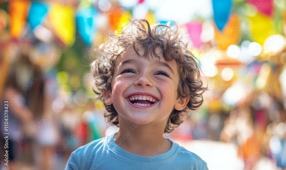A Joyful Boy With Messy Hair Smiles Widely During a Sunny Outdoor Festival With Colorful Decorations in the Background A Joyful Boy With Messy Hair Smiles Widely During a Sunny Outdoor Festival With Colorful Decorations in the Background