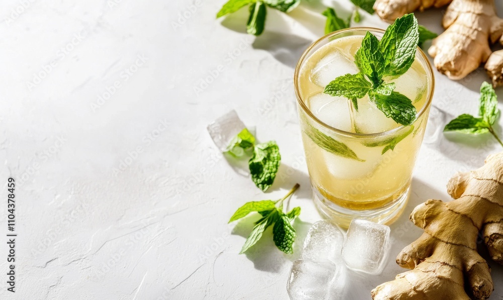 A refreshing ginger cocktail with mint leaves and ice cubes