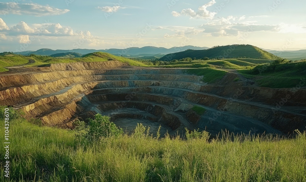 Naklejka premium A large mining pit with exposed layers of earth surrounded by a green landscape