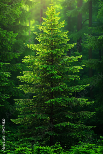 A tall pine tree in the middle of a lush green forest