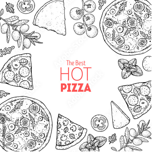 Hand drawn set of pizza. Italian pizza design template. Vector illustration