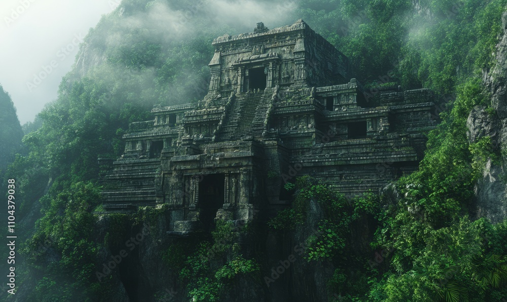 Fototapeta premium A majestic ancient temple carved into a mountainside, with intricate stonework surrounded by dense green forest