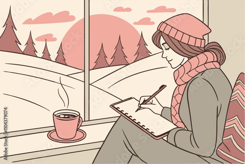 Winter morning window seat journaling