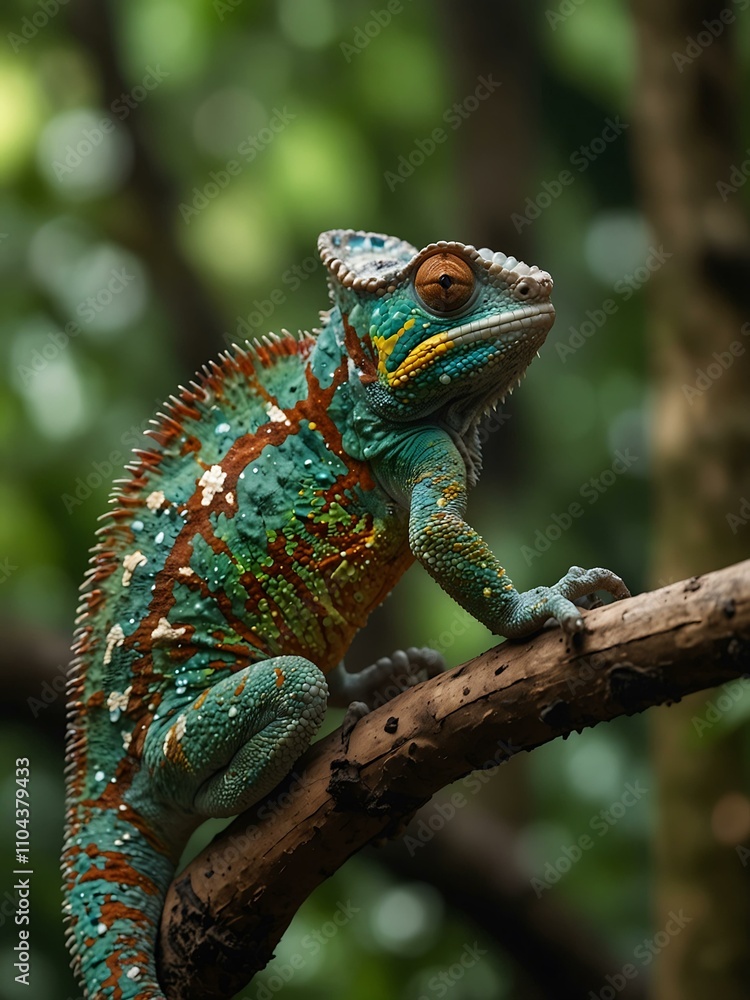 Fototapeta premium Chameleon perched on a branch in a green jungle.