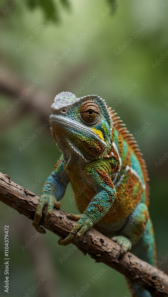 Fototapeta premium Chameleon perched on a branch, looking around.