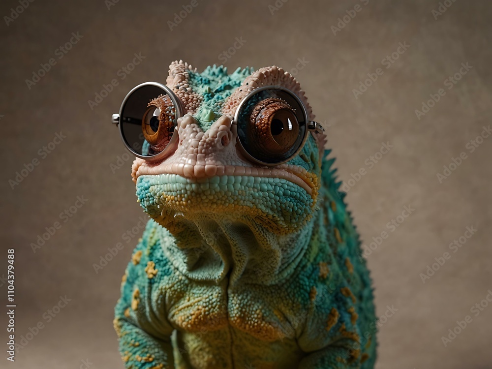 Chameleon wearing sunglasses on a solid background. Chameleon wearing sunglasses on a solid background.