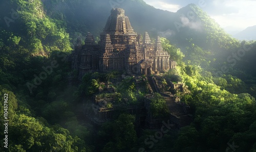 Wallpaper Mural A majestic ancient temple carved into a mountainside, with intricate stonework surrounded by dense green forest Torontodigital.ca