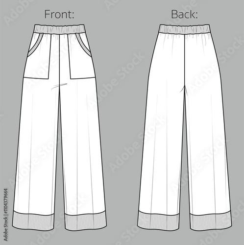Vector comfy yoga pants technical drawing, woman wide-leg sweatpants fashion CAD, template, sketch, flat. Jersey or woven fabric trousers with front, back view, white color. Palazzo trousers drawing