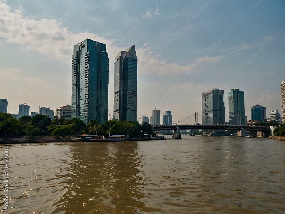 Fototapeta premium Chao Phraya River, bank and bridge view.